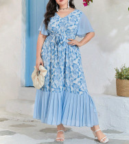 Plus size flower print pleated long dress 