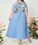 Plus size flower print pleated long dress