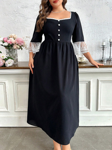 Plus size contrast color lace square neck long dress