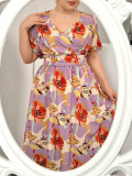  Plus size flower print v neck long dress