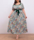 Plus size flower print square neck long dress 