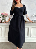 Plus size contrast color lace square neck long dress