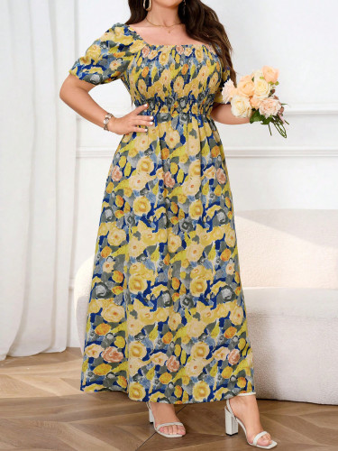 Plus size flower print square neck long dress