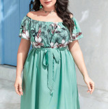 Plus size flower print off shoulder long dress 