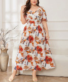  Plus size flower print v neck long dress