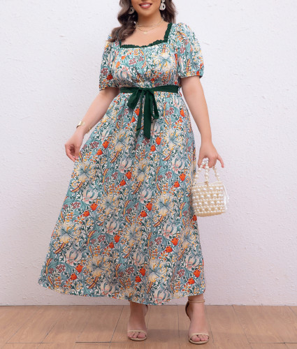 Plus size flower print square neck long dress 