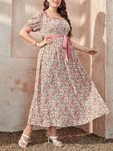 Plus size flower print square neck long dress