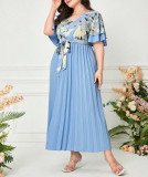 Plus size flower print pleated long dress