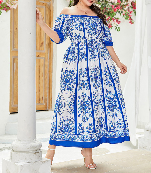 Plus size flower print off shoulder long dress