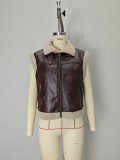 Women's Sleeveless Coat with Plush Trim Gold Zipper Leather Vest Coat