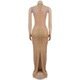 Women's Gold Diamonds Sheer Evening Dress