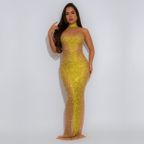 Women's Gold Diamonds Sheer Evening Dress