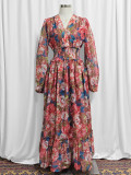 Women v-neck floral print long sleeve high waist long maxi dress