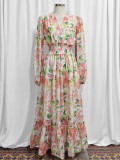 Women v-neck floral print long sleeve high waist long maxi dress