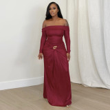 Women's Off Shoulder Long Sleeve Metallic Long Evening Dress