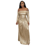 Women's Off Shoulder Long Sleeve Metallic Long Evening Dress