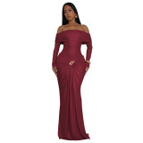 Women's Off Shoulder Long Sleeve Metallic Long Evening Dress