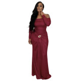 Women's Off Shoulder Long Sleeve Metallic Long Evening Dress