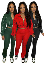 Women contrast color zippered sporty casual two-piece set