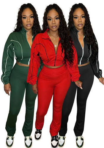 Women contrast color zippered sporty casual two-piece set