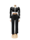 Women contrast color stripes sporty casual two-piece set 