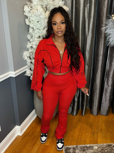 Women contrast color zippered sporty casual two-piece set