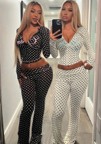 Women polka dot print hoodies sporty casual two-piece set