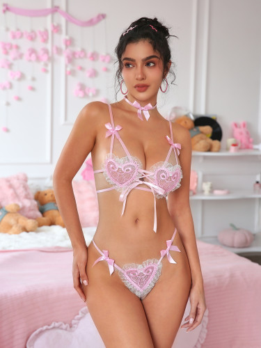Sexy women's transparent heart shaped bra thong panties lingerie set
