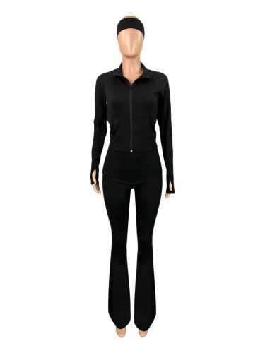 Women's Zipper Top and Pants Sports Clothing Set with Headband