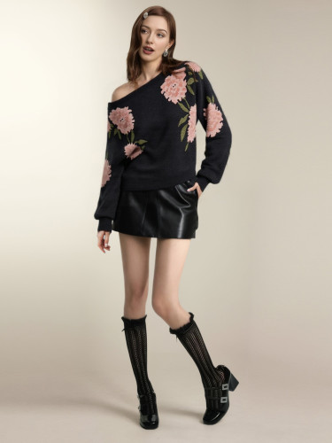 Women's off-shoulder floral jacquard pullover sweater
