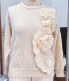Women 3D floral contrast color crew neck sweater