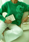 Women 3D floral contrast color crew neck sweater