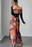 Sexy off-the-shoulder printed mesh long dress
