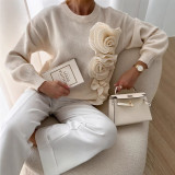 Women 3D floral contrast color crew neck sweater
