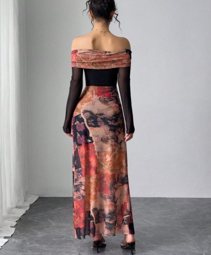Sexy off-the-shoulder printed mesh long dress