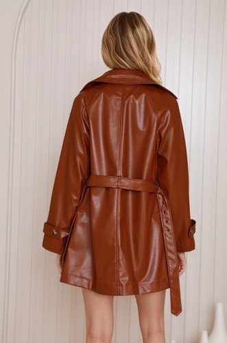 Mid-length coat retro brown leather jacket for women