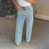 Beaded denim jeans for women low-waist straight-leg high-street style trousers