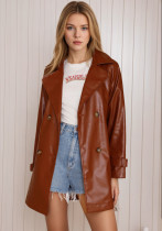 Mid-length coat retro brown leather jacket for women
