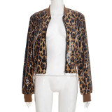 Leopard print sequined jacket long-sleeved zip-up coat