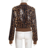 Leopard print sequined jacket long-sleeved zip-up coat