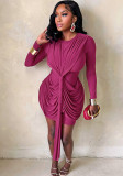 Women's long-sleeved pleated ribbon fitted bodycon short dress