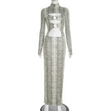 Women's Snake Print Sexy Slim Fit Ring Long Sleeve Hollow-Out Long Dress