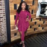 Women's long-sleeved pleated ribbon fitted bodycon short dress