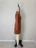 Mid-length coat retro brown leather jacket for women