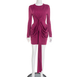 Women's long-sleeved pleated ribbon fitted bodycon short dress