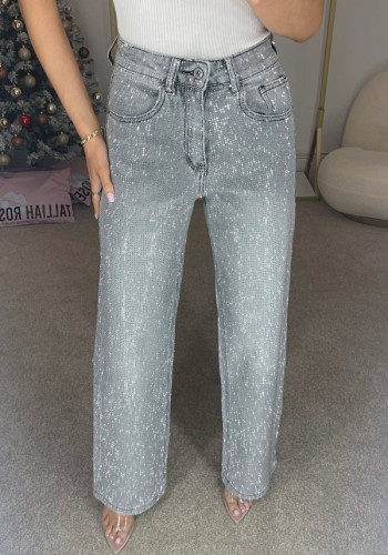 Beaded denim jeans for women low-waist straight-leg high-street style trousers