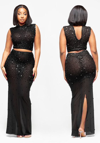 Women Sexy See-Through Mesh Crystal Top and Skirt Two-Piece Set