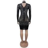 Sexy Long-Sleeved See-Through Mesh Crystal Party Dress