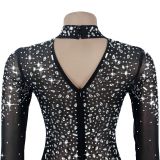 Sexy Long-Sleeved See-Through Mesh Crystal Party Dress