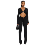 Sexy metallic embellished long-sleeved top and tight high-waisted trousers set